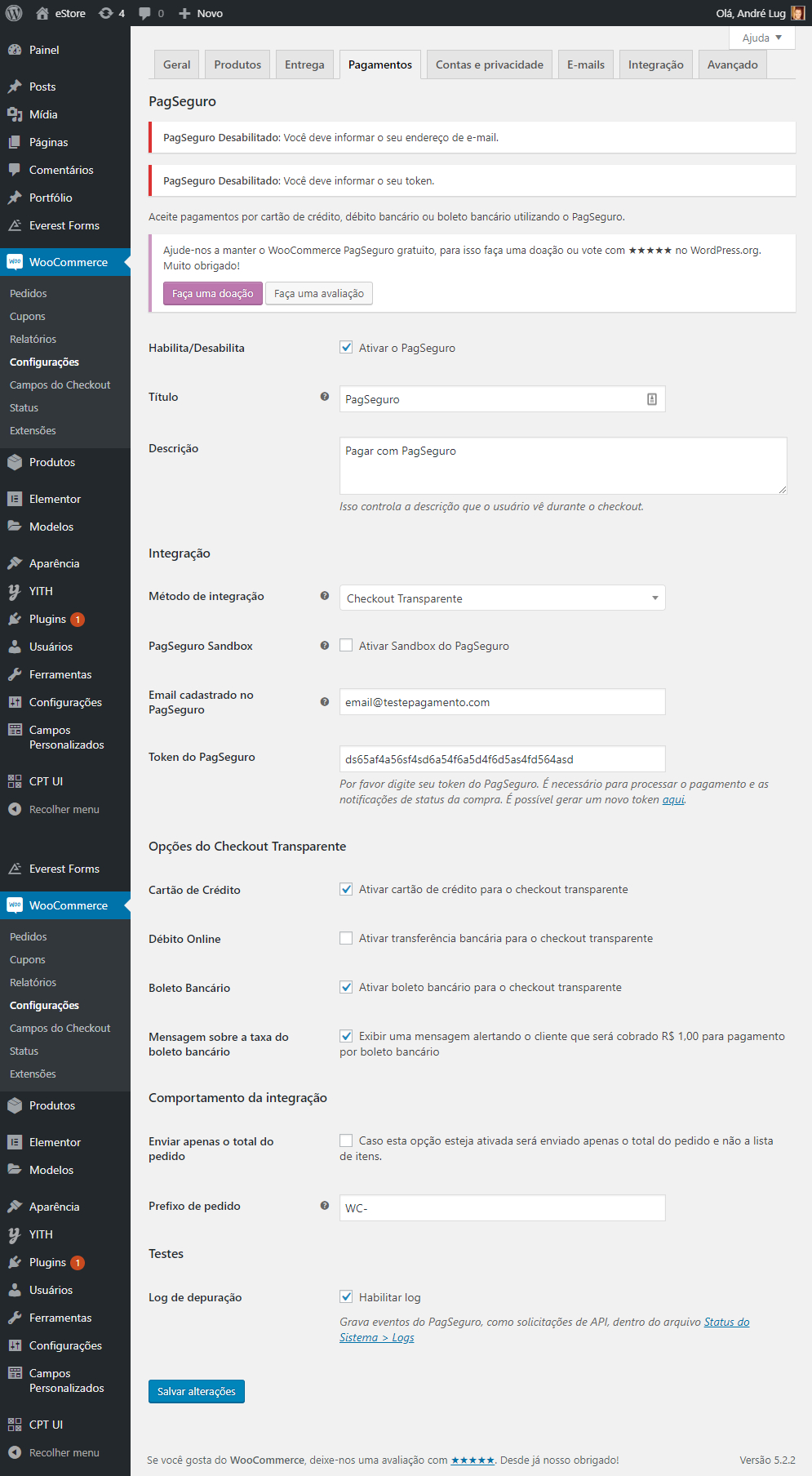 Configurações do pagseguro no woocommerce