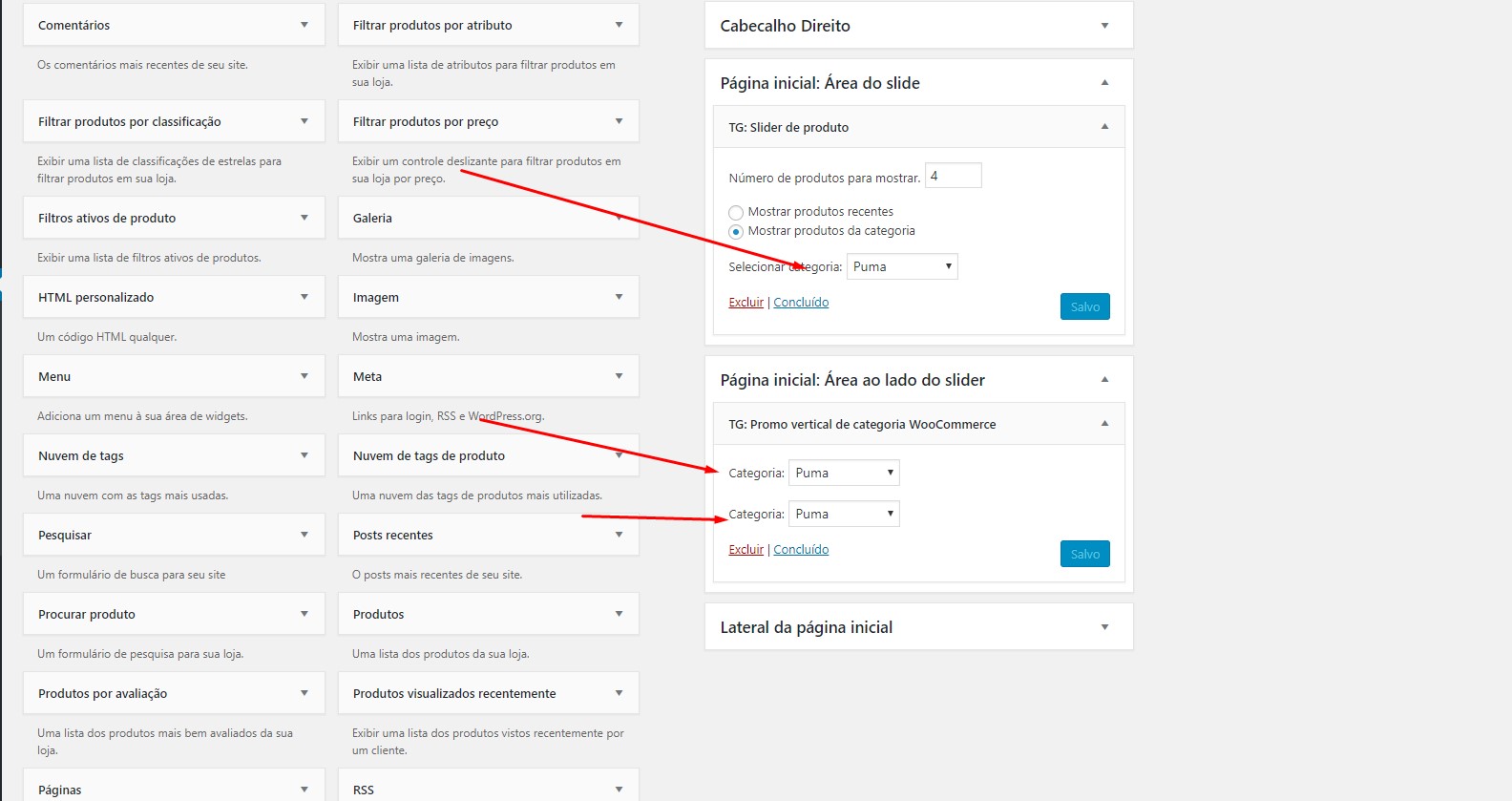 edição de categorias nos widgets