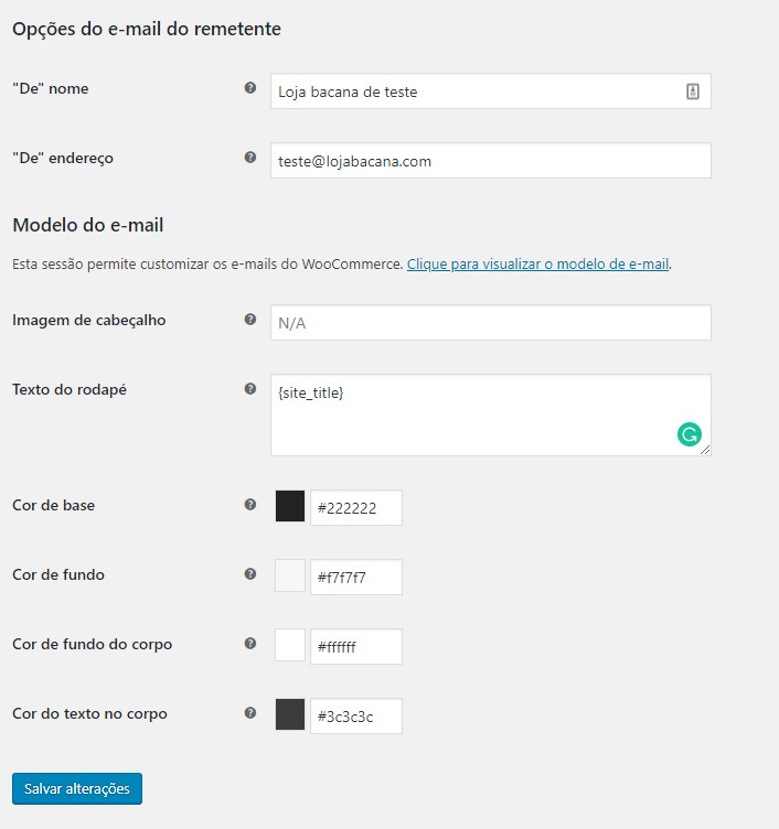 Configurações gerais de e-mail do woocommerce