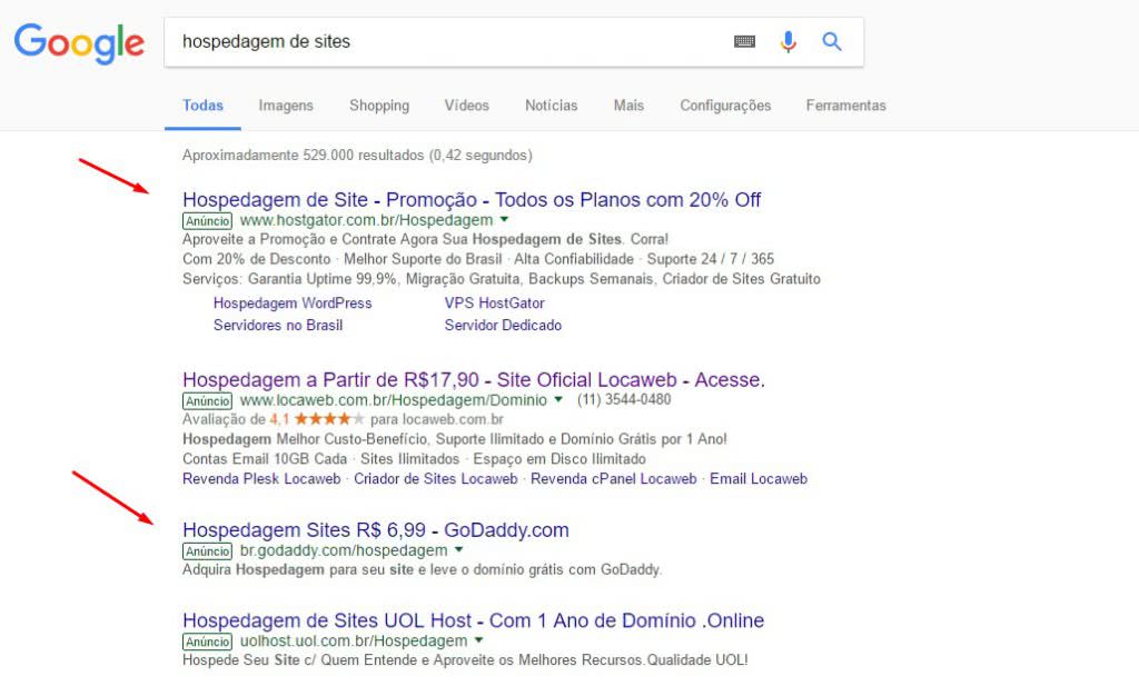 Pesquisa no google para hospedagem de websites