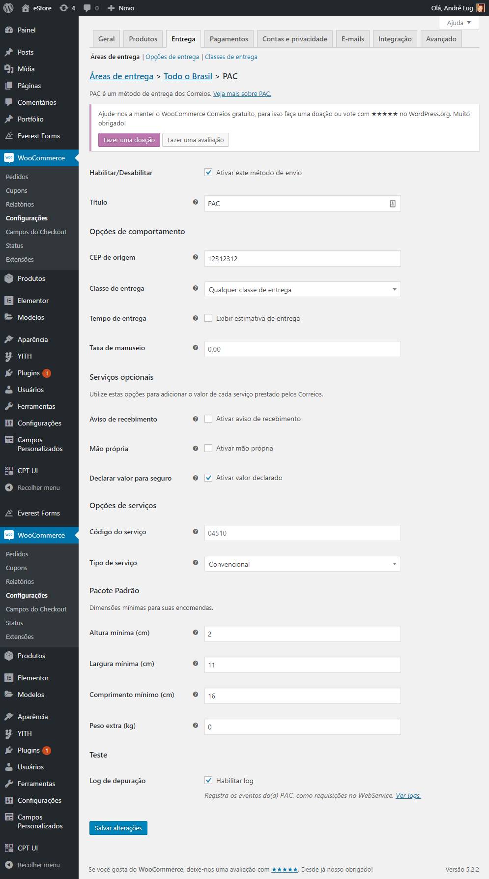 Configurações do PAC dos Correios no WooCommerce
