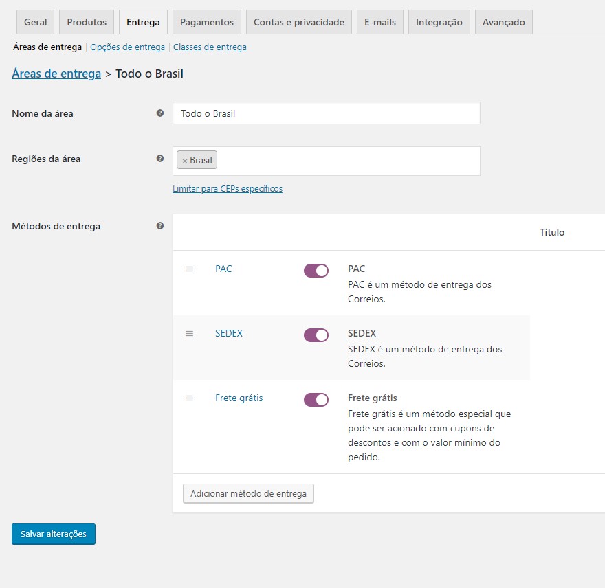 Configurações de área de entrega no WooCommerce