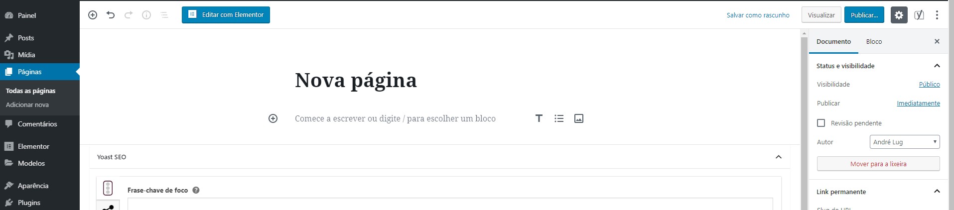 Nova página no elementor