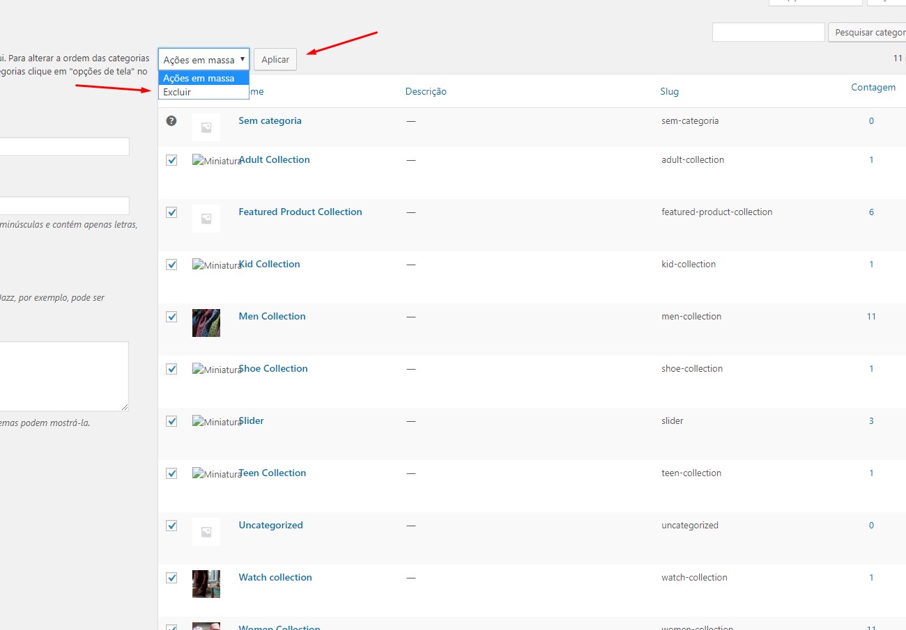Deletar categorias Woocommerce