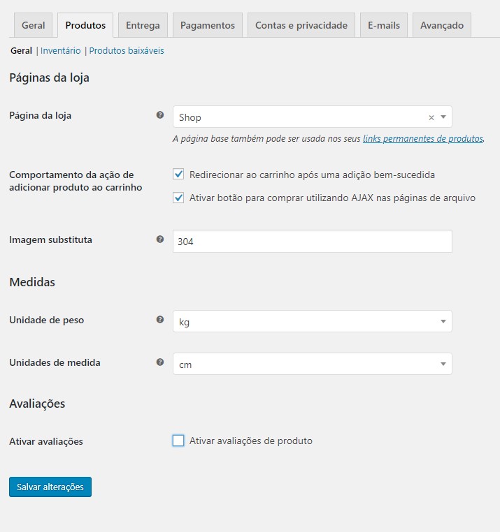 configurações gerais dos produtos