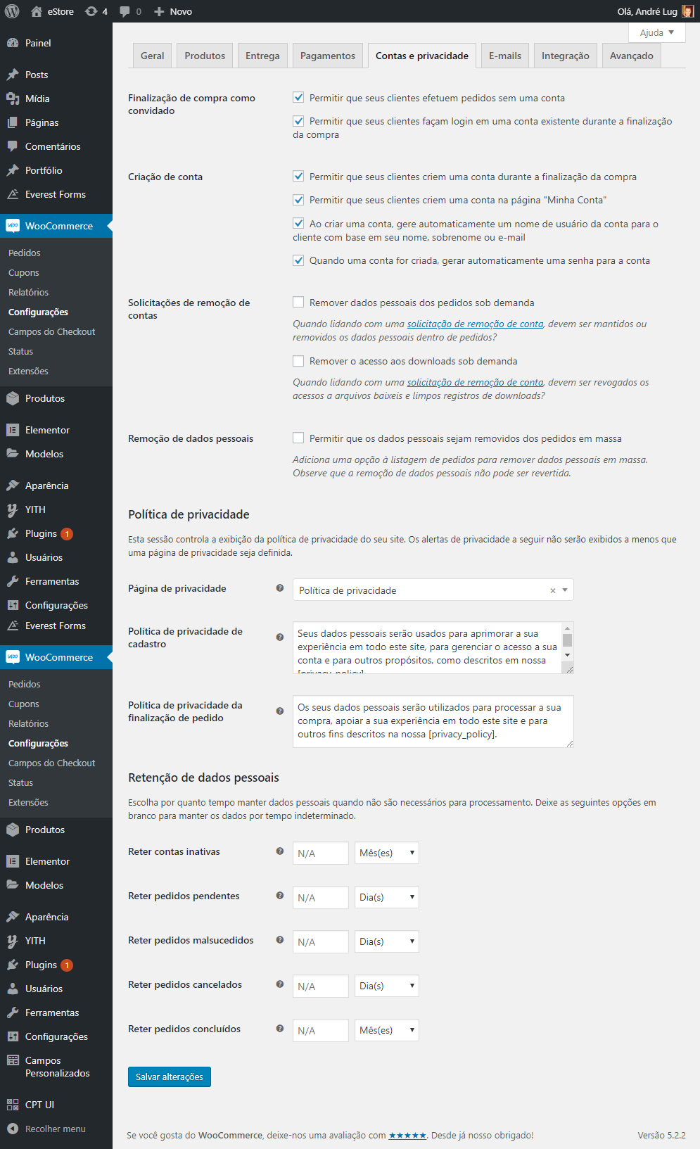 Configurações de conta e privacidade no WooCommerce